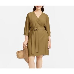 Everlane Womens Olive Green The Japanese GoWeave 3/4 Sleeve Wrap Dress Size 4